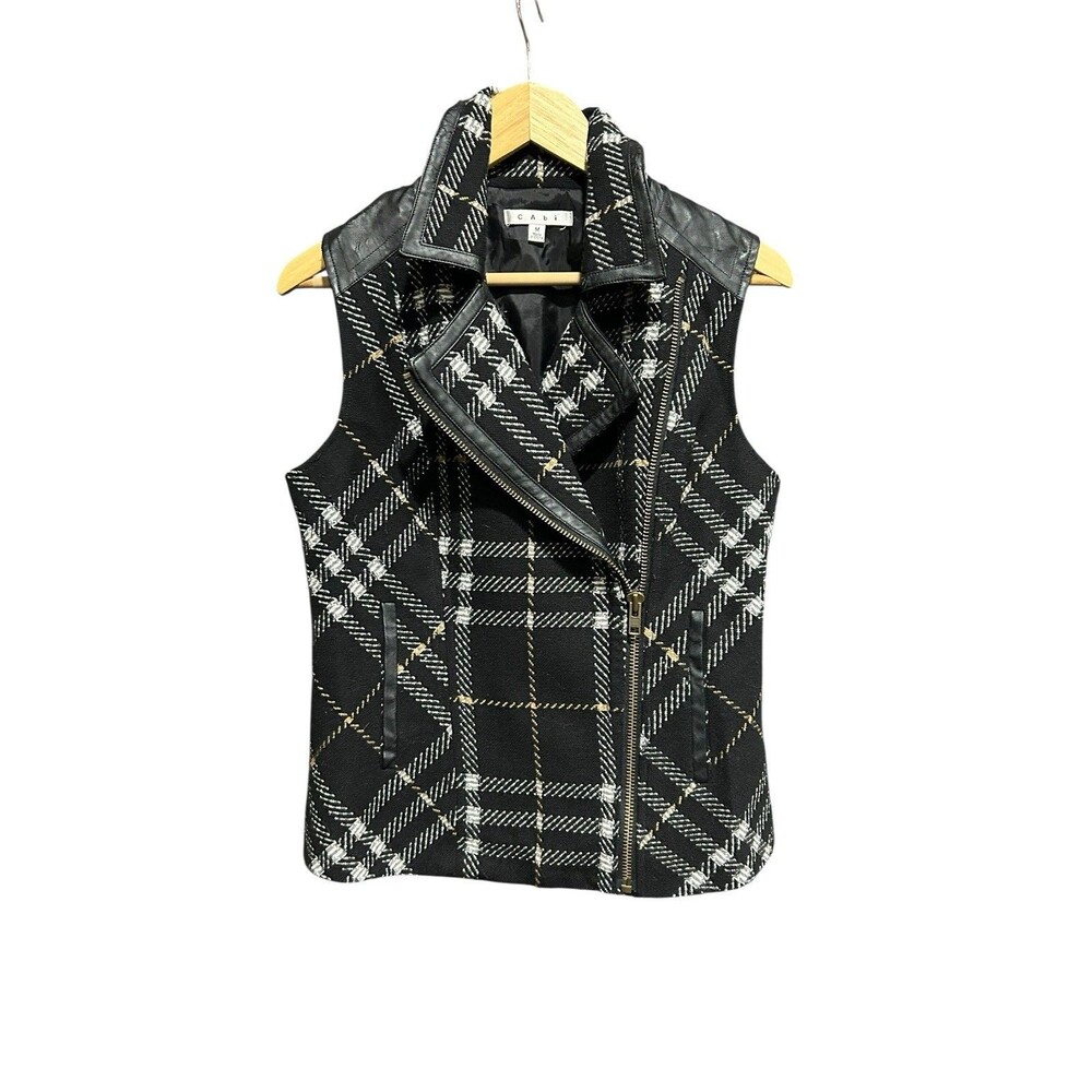 Cabi Grid Tweed Wool Blend Moto Vest Sleeveless Black Medium Zipup Womens Career